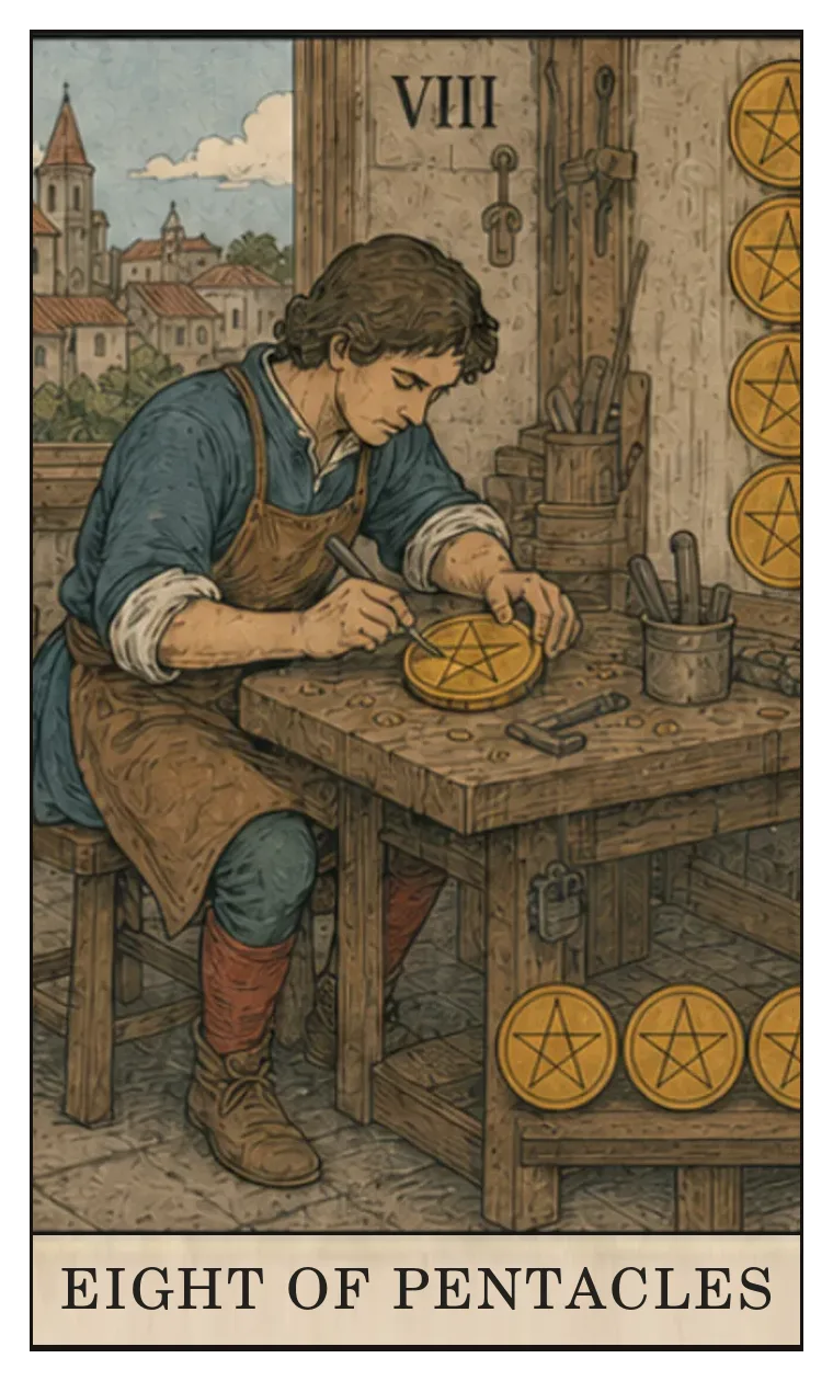 Eight of Pentacles: a worker attends to a pentacle at a workbench, with other pentacles displayed nearby.
