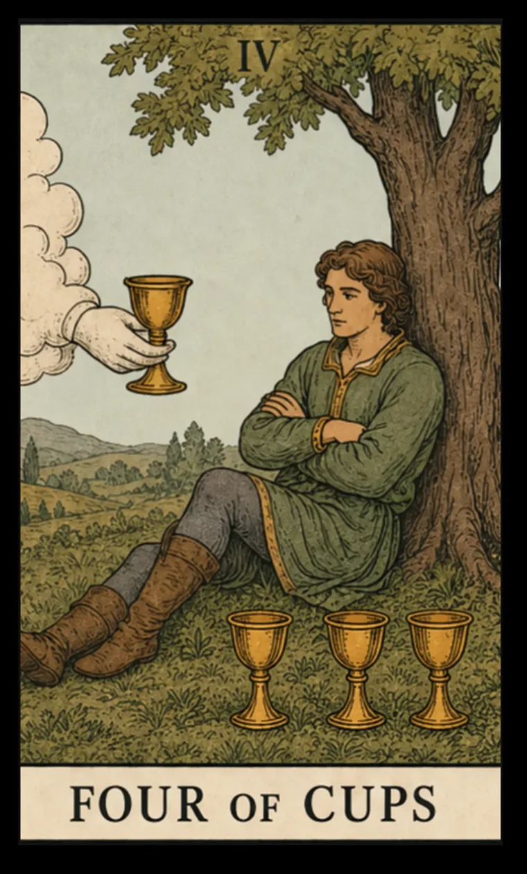 Four of Cups: a seated figure under a tree, three cups on the ground, and a fourth held by a hand from a cloud.
