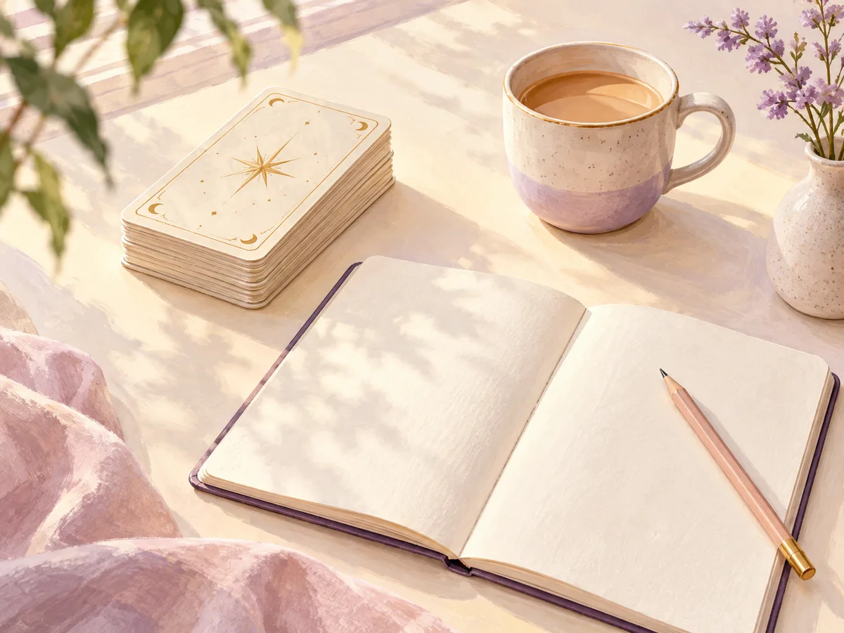 A face-down deck, open blank notebook, pencil, and ceramic cup on a sunlit cream table.