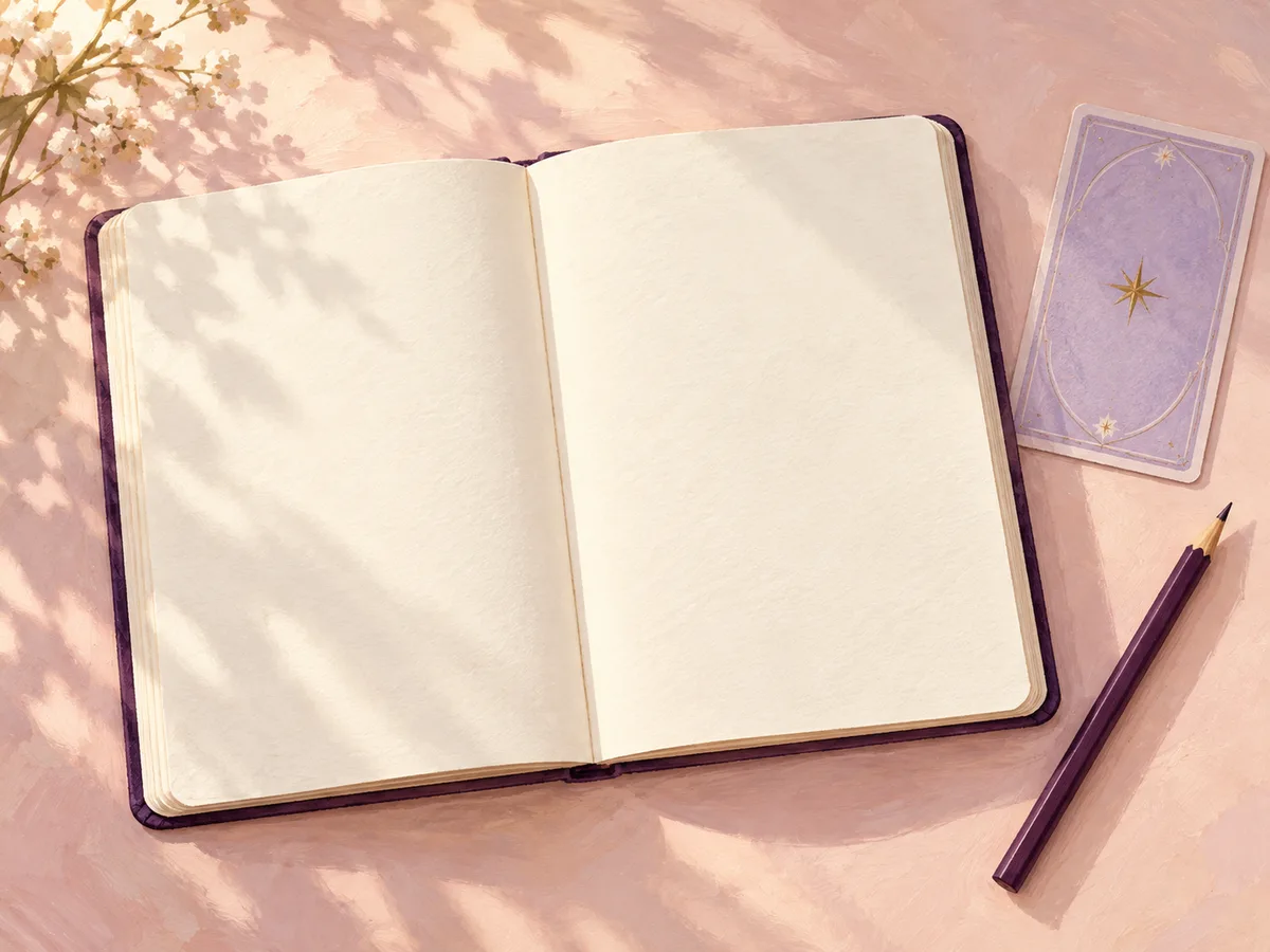 An open blank notebook and plum pencil beside a single face-down lilac card on a blush surface.