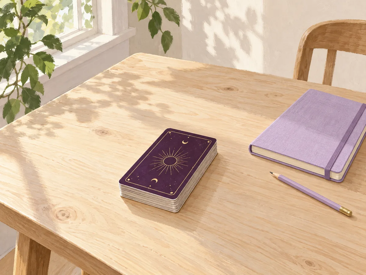 A face-down plum deck, closed lilac notebook, and pencil on a clear wooden table by a window.