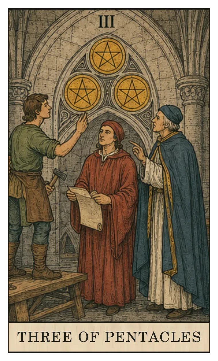 Three of Pentacles: a craftsperson and two other figures gather beneath three pentacles in a stone arch.