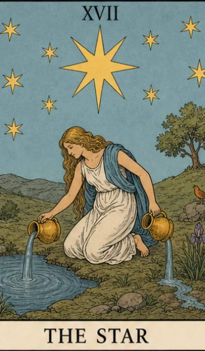 A nude figure kneels at the edge of a dark pool, one foot in the water. They pour water from two jugs — one onto the land, one into the sea. Above them shines one large golden star surrounded by seven smaller stars. A bird perches in a tree behind them. The scene is calm, nocturnal, and deeply peaceful.